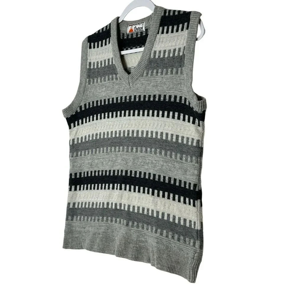 Vintage OSTER Sweater Vest Mens 38 Gray Lambswool Blend Pullover Stretch Grandpa